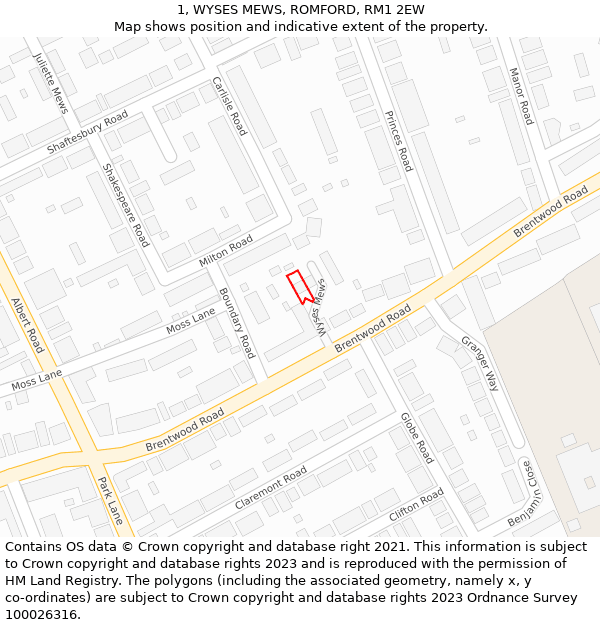 1, WYSES MEWS, ROMFORD, RM1 2EW: Location map and indicative extent of plot