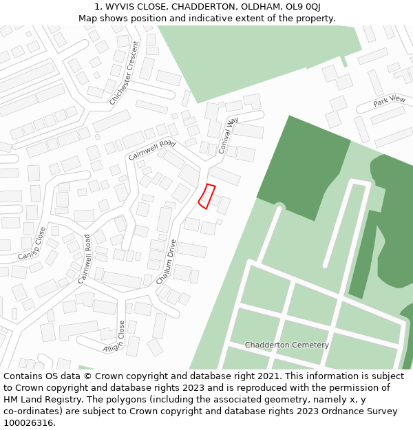 1, WYVIS CLOSE, CHADDERTON, OLDHAM, OL9 0QJ: Location map and indicative extent of plot