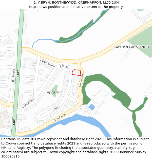 1, Y BRYN, BONTNEWYDD, CAERNARFON, LL55 2UN: Location map and indicative extent of plot