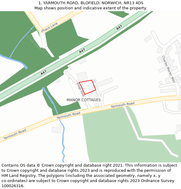 1, YARMOUTH ROAD, BLOFIELD, NORWICH, NR13 4DS: Location map and indicative extent of plot