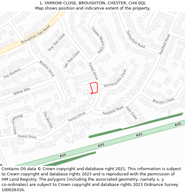 1, YARROW CLOSE, BROUGHTON, CHESTER, CH4 0QL: Location map and indicative extent of plot