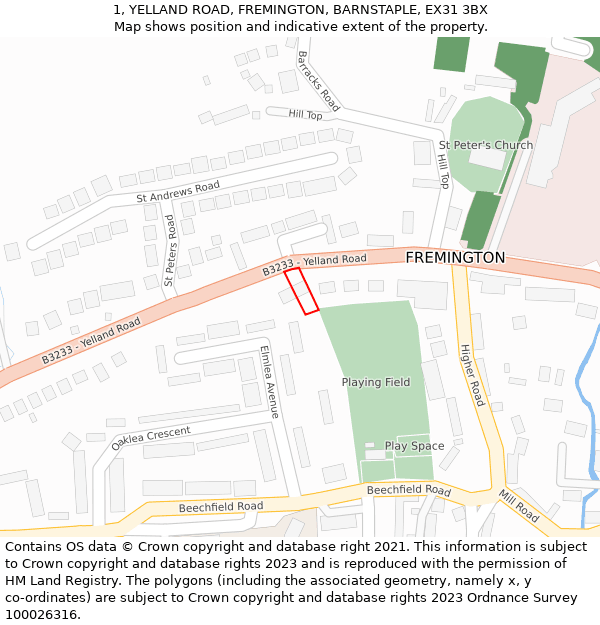 1, YELLAND ROAD, FREMINGTON, BARNSTAPLE, EX31 3BX: Location map and indicative extent of plot