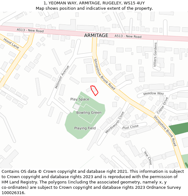 1, YEOMAN WAY, ARMITAGE, RUGELEY, WS15 4UY: Location map and indicative extent of plot