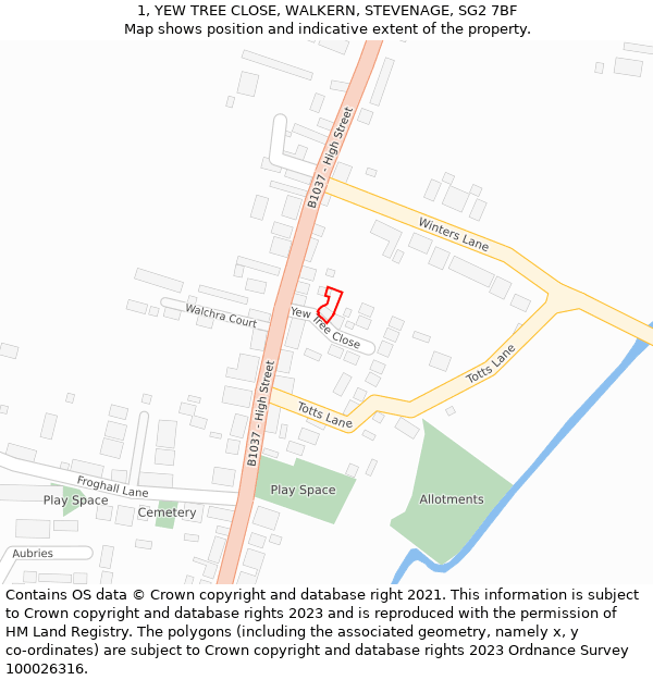 1, YEW TREE CLOSE, WALKERN, STEVENAGE, SG2 7BF: Location map and indicative extent of plot