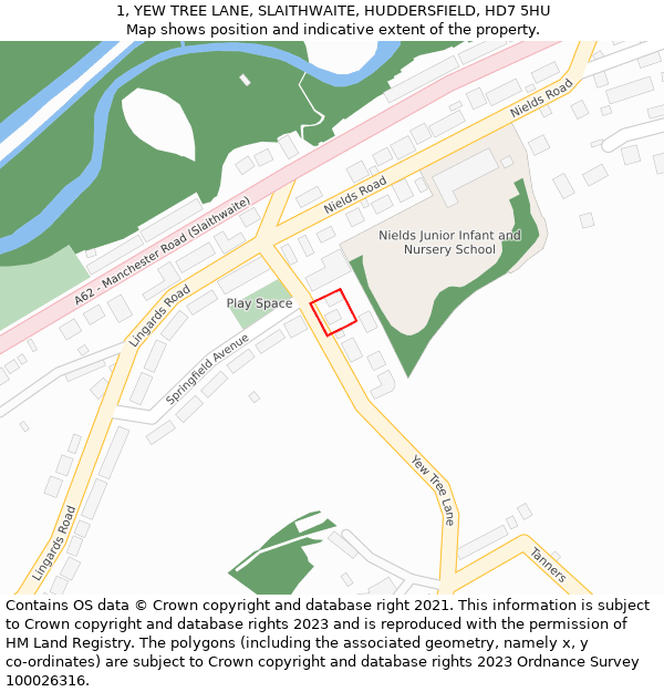 1, YEW TREE LANE, SLAITHWAITE, HUDDERSFIELD, HD7 5HU: Location map and indicative extent of plot