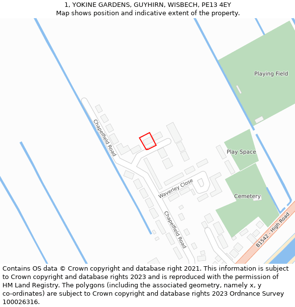 1, YOKINE GARDENS, GUYHIRN, WISBECH, PE13 4EY: Location map and indicative extent of plot