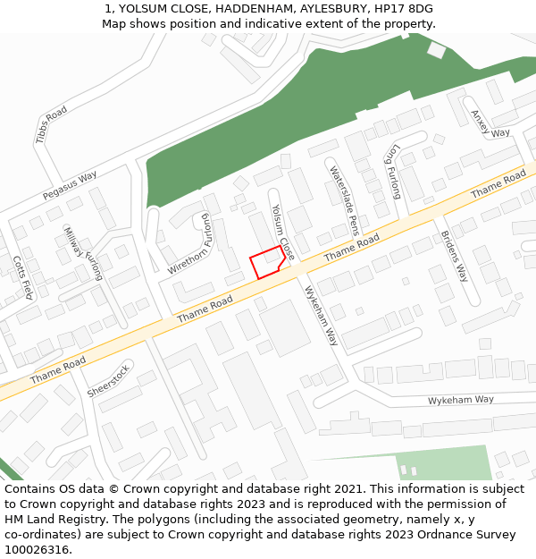 1, YOLSUM CLOSE, HADDENHAM, AYLESBURY, HP17 8DG: Location map and indicative extent of plot