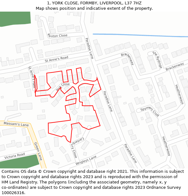 1, YORK CLOSE, FORMBY, LIVERPOOL, L37 7HZ: Location map and indicative extent of plot