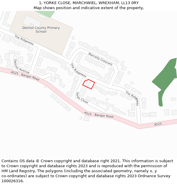 1, YORKE CLOSE, MARCHWIEL, WREXHAM, LL13 0RY: Location map and indicative extent of plot