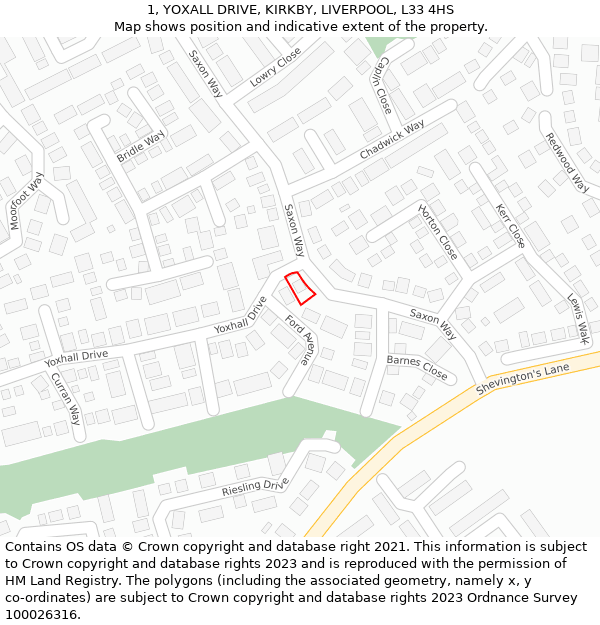 1, YOXALL DRIVE, KIRKBY, LIVERPOOL, L33 4HS: Location map and indicative extent of plot