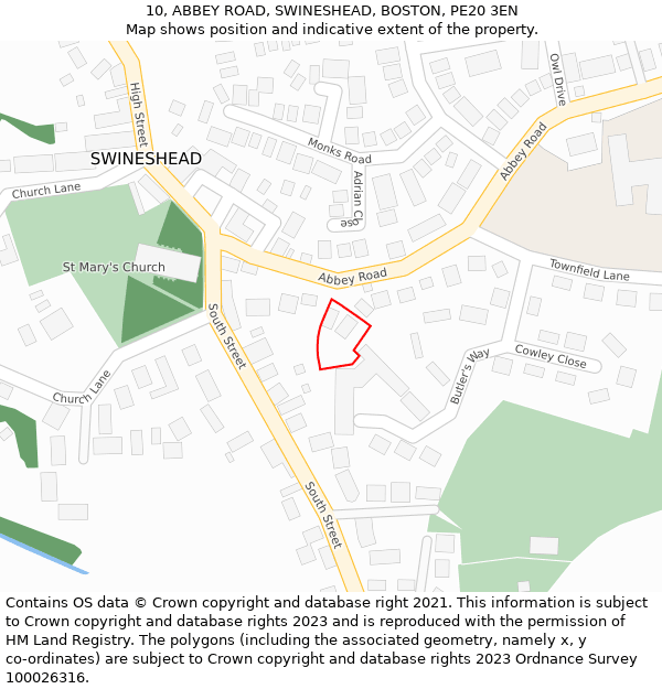 10, ABBEY ROAD, SWINESHEAD, BOSTON, PE20 3EN: Location map and indicative extent of plot