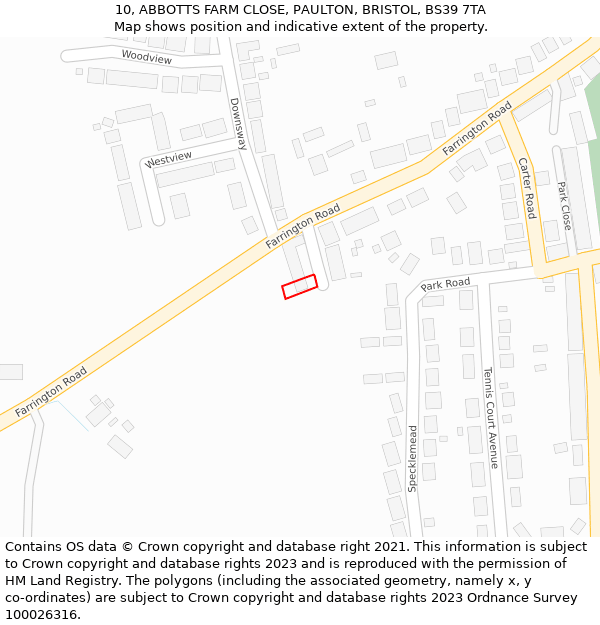 10, ABBOTTS FARM CLOSE, PAULTON, BRISTOL, BS39 7TA: Location map and indicative extent of plot