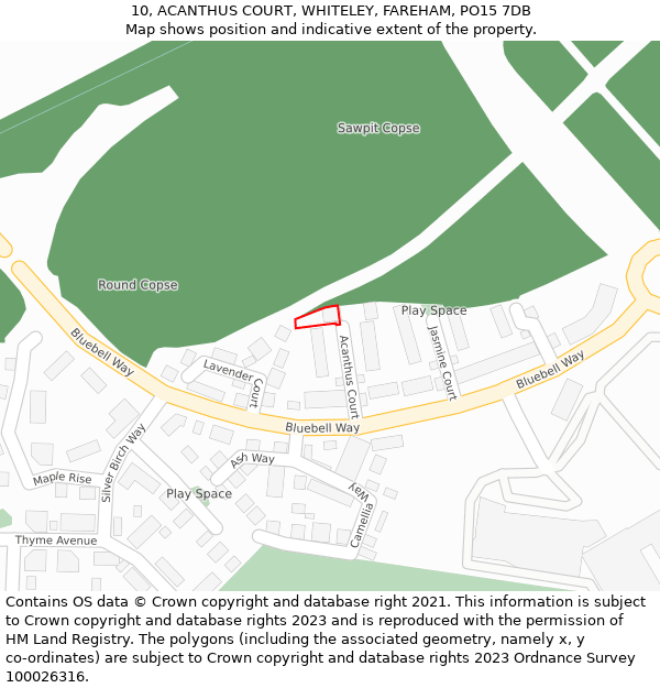 10, ACANTHUS COURT, WHITELEY, FAREHAM, PO15 7DB: Location map and indicative extent of plot