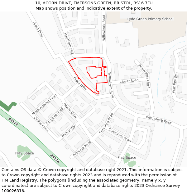 10, ACORN DRIVE, EMERSONS GREEN, BRISTOL, BS16 7FU: Location map and indicative extent of plot