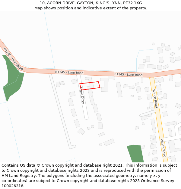 10, ACORN DRIVE, GAYTON, KING'S LYNN, PE32 1XG: Location map and indicative extent of plot