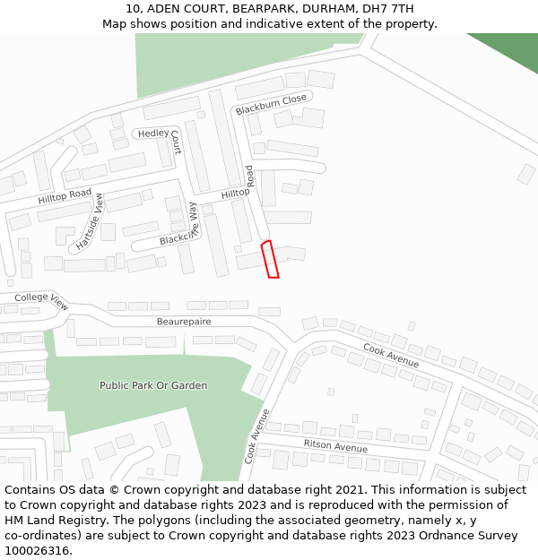 10, ADEN COURT, BEARPARK, DURHAM, DH7 7TH: Location map and indicative extent of plot