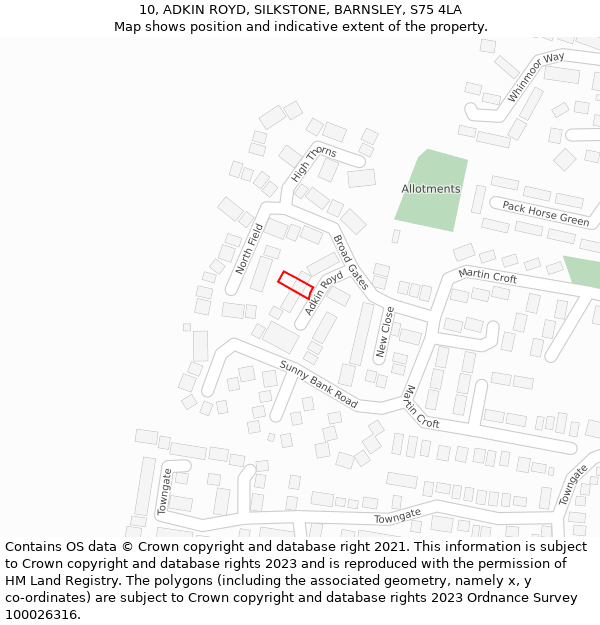 10, ADKIN ROYD, SILKSTONE, BARNSLEY, S75 4LA: Location map and indicative extent of plot