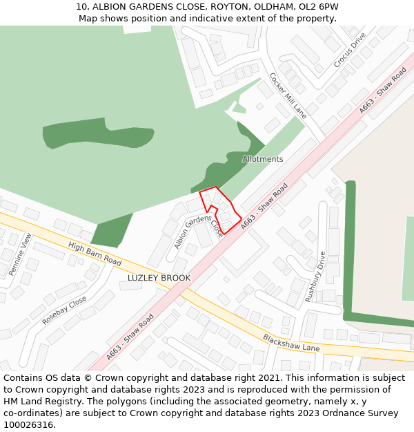 10, ALBION GARDENS CLOSE, ROYTON, OLDHAM, OL2 6PW: Location map and indicative extent of plot