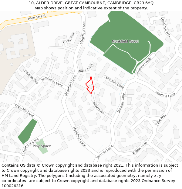 10, ALDER DRIVE, GREAT CAMBOURNE, CAMBRIDGE, CB23 6AQ: Location map and indicative extent of plot