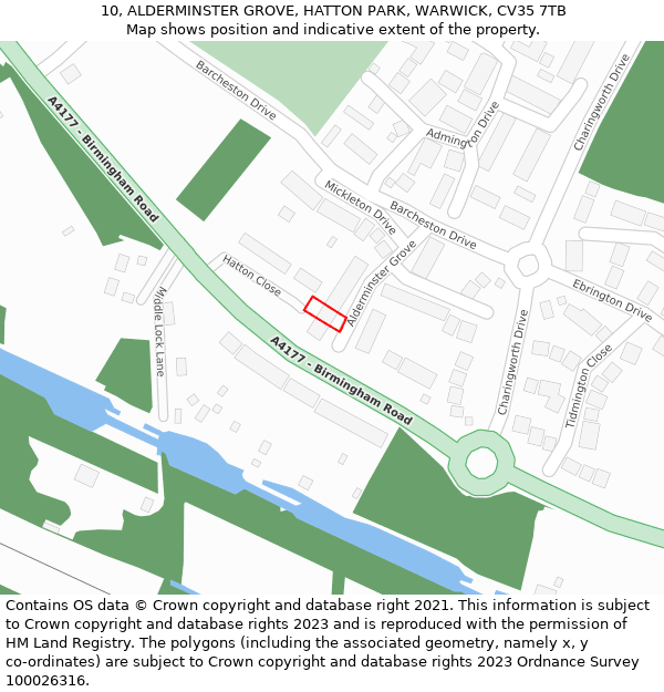 10, ALDERMINSTER GROVE, HATTON PARK, WARWICK, CV35 7TB: Location map and indicative extent of plot