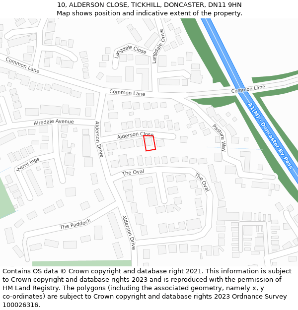 10, ALDERSON CLOSE, TICKHILL, DONCASTER, DN11 9HN: Location map and indicative extent of plot