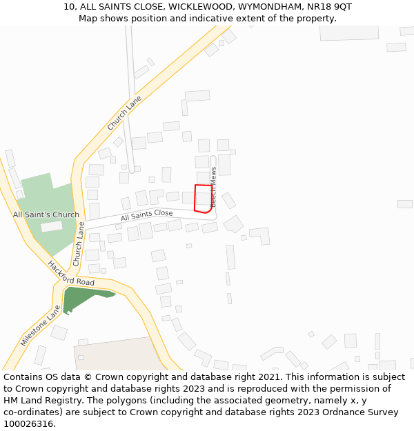 10, ALL SAINTS CLOSE, WICKLEWOOD, WYMONDHAM, NR18 9QT: Location map and indicative extent of plot