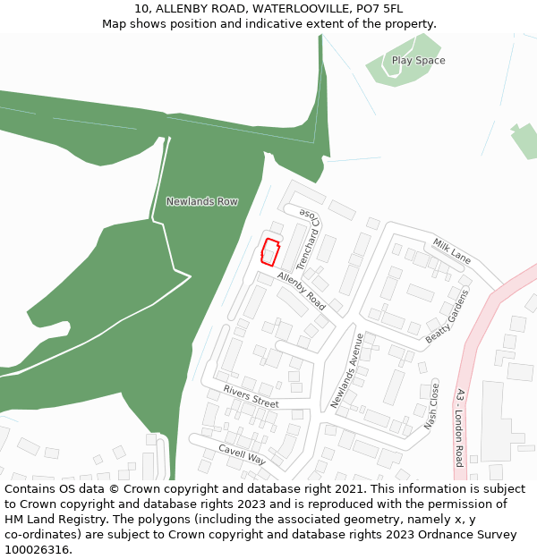 10, ALLENBY ROAD, WATERLOOVILLE, PO7 5FL: Location map and indicative extent of plot