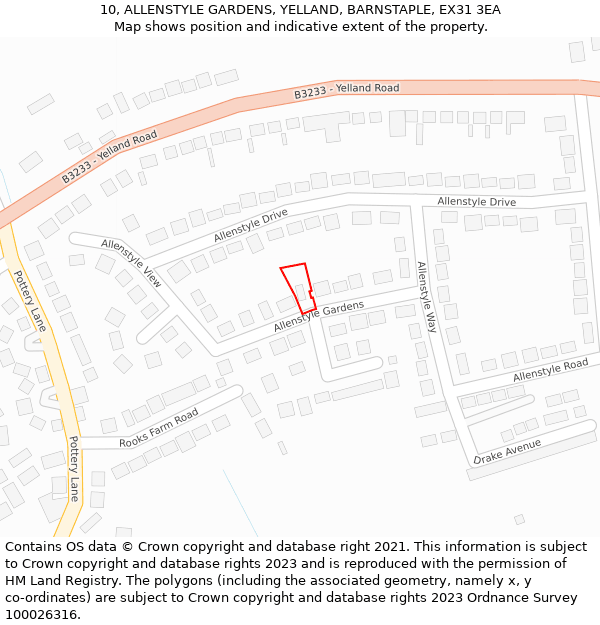 10, ALLENSTYLE GARDENS, YELLAND, BARNSTAPLE, EX31 3EA: Location map and indicative extent of plot