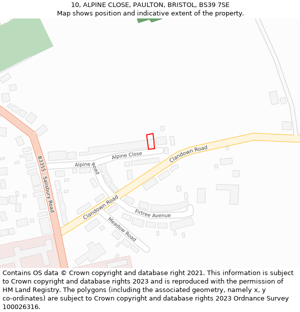 10, ALPINE CLOSE, PAULTON, BRISTOL, BS39 7SE: Location map and indicative extent of plot