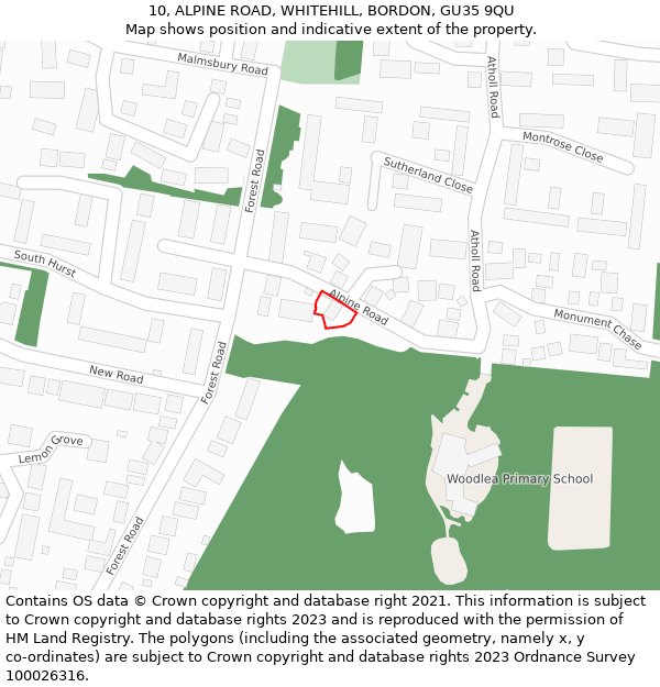 10, ALPINE ROAD, WHITEHILL, BORDON, GU35 9QU: Location map and indicative extent of plot