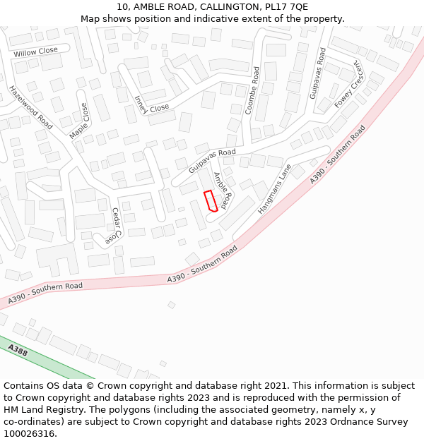 10, AMBLE ROAD, CALLINGTON, PL17 7QE: Location map and indicative extent of plot