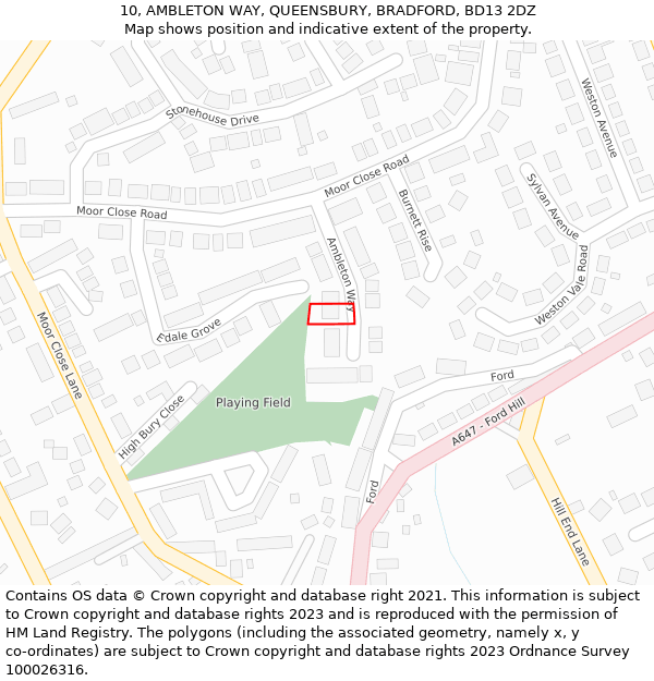 10, AMBLETON WAY, QUEENSBURY, BRADFORD, BD13 2DZ: Location map and indicative extent of plot