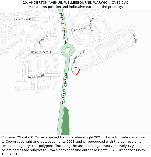 10, ANDERTON AVENUE, WELLESBOURNE, WARWICK, CV35 9UQ: Location map and indicative extent of plot