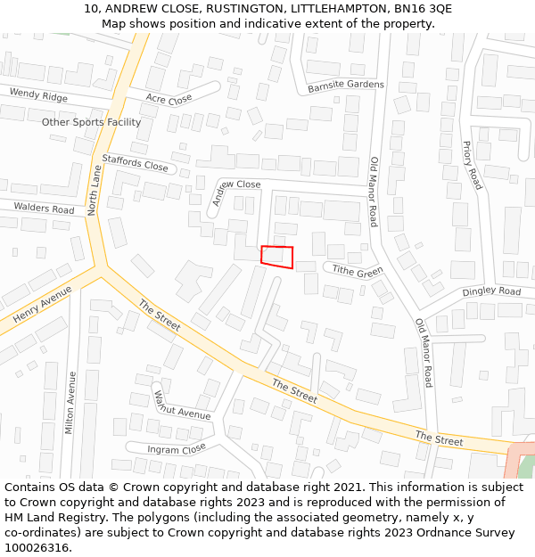 10, ANDREW CLOSE, RUSTINGTON, LITTLEHAMPTON, BN16 3QE: Location map and indicative extent of plot