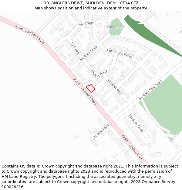 10, ANGLERS DRIVE, SHOLDEN, DEAL, CT14 0EZ: Location map and indicative extent of plot