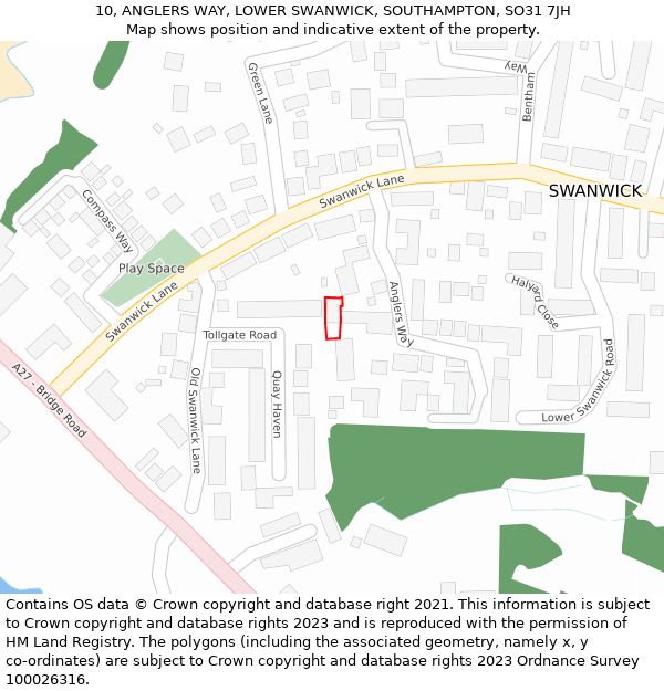 10, ANGLERS WAY, LOWER SWANWICK, SOUTHAMPTON, SO31 7JH: Location map and indicative extent of plot