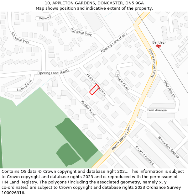 10, APPLETON GARDENS, DONCASTER, DN5 9GA: Location map and indicative extent of plot