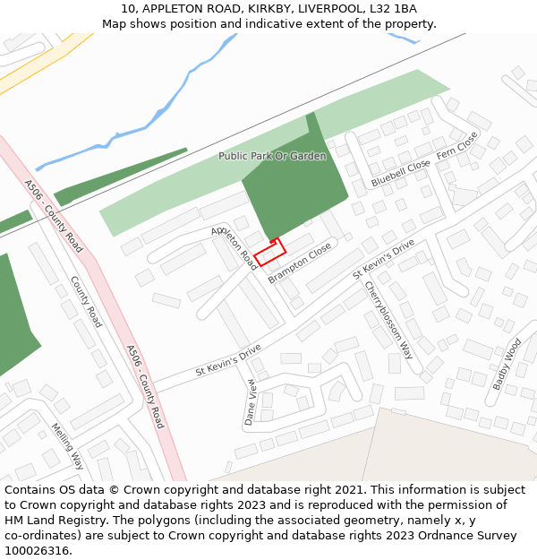 10, APPLETON ROAD, KIRKBY, LIVERPOOL, L32 1BA: Location map and indicative extent of plot