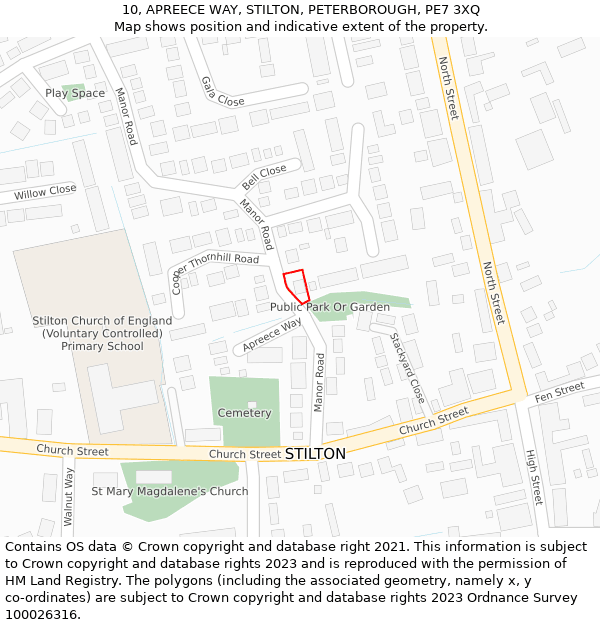 10, APREECE WAY, STILTON, PETERBOROUGH, PE7 3XQ: Location map and indicative extent of plot