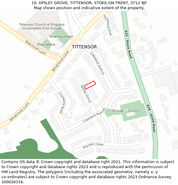 10, APSLEY GROVE, TITTENSOR, STOKE-ON-TRENT, ST12 9JF: Location map and indicative extent of plot