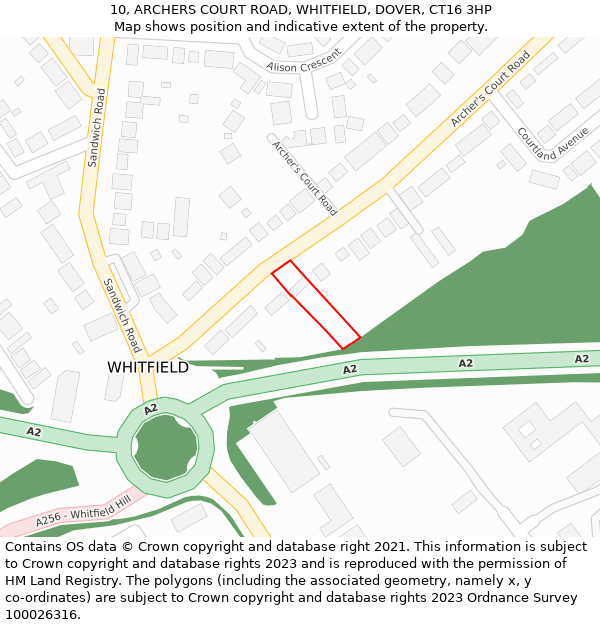 10, ARCHERS COURT ROAD, WHITFIELD, DOVER, CT16 3HP: Location map and indicative extent of plot