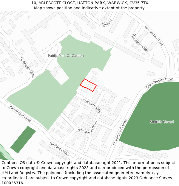 10, ARLESCOTE CLOSE, HATTON PARK, WARWICK, CV35 7TX: Location map and indicative extent of plot