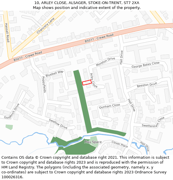 10, ARLEY CLOSE, ALSAGER, STOKE-ON-TRENT, ST7 2XA: Location map and indicative extent of plot