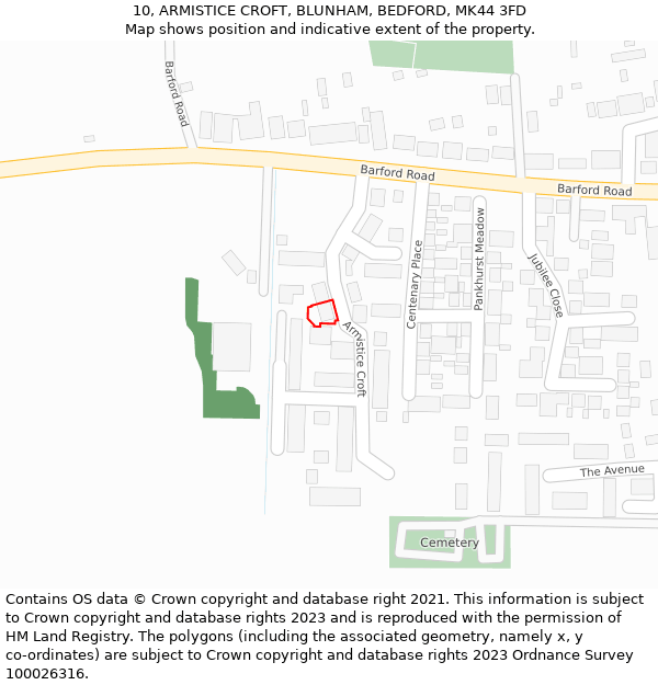 10, ARMISTICE CROFT, BLUNHAM, BEDFORD, MK44 3FD: Location map and indicative extent of plot