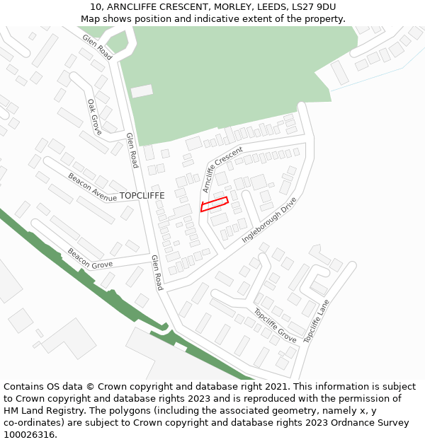 10, ARNCLIFFE CRESCENT, MORLEY, LEEDS, LS27 9DU: Location map and indicative extent of plot
