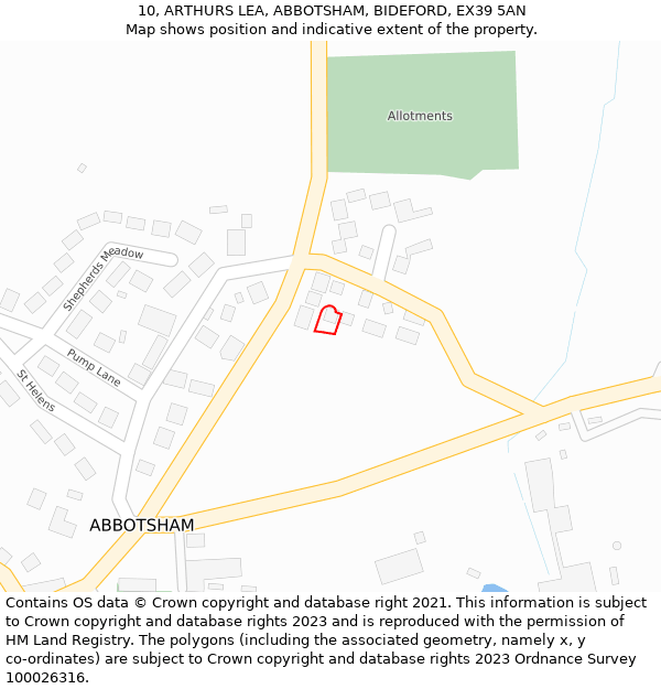 10, ARTHURS LEA, ABBOTSHAM, BIDEFORD, EX39 5AN: Location map and indicative extent of plot