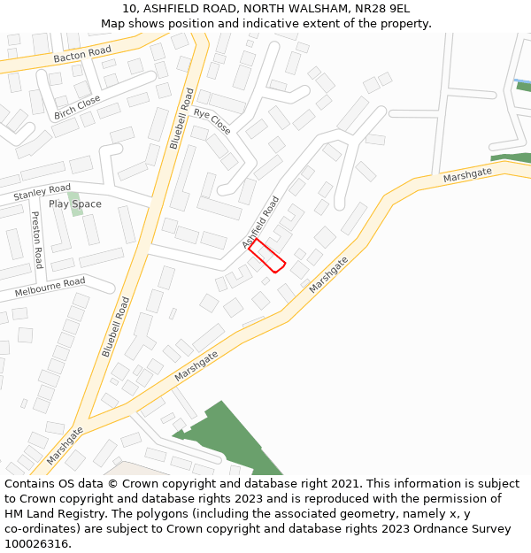 10, ASHFIELD ROAD, NORTH WALSHAM, NR28 9EL: Location map and indicative extent of plot