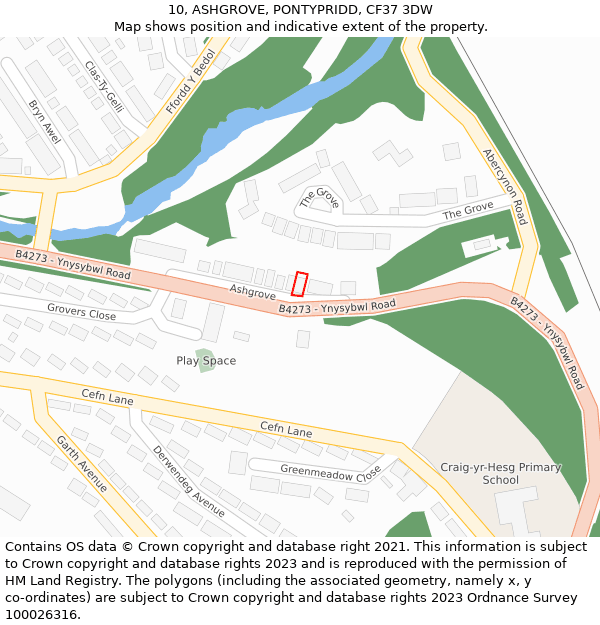10, ASHGROVE, PONTYPRIDD, CF37 3DW: Location map and indicative extent of plot