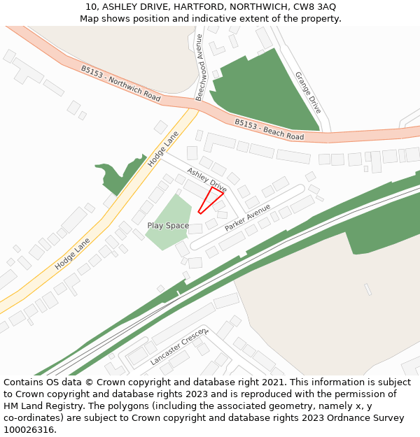 10, ASHLEY DRIVE, HARTFORD, NORTHWICH, CW8 3AQ: Location map and indicative extent of plot