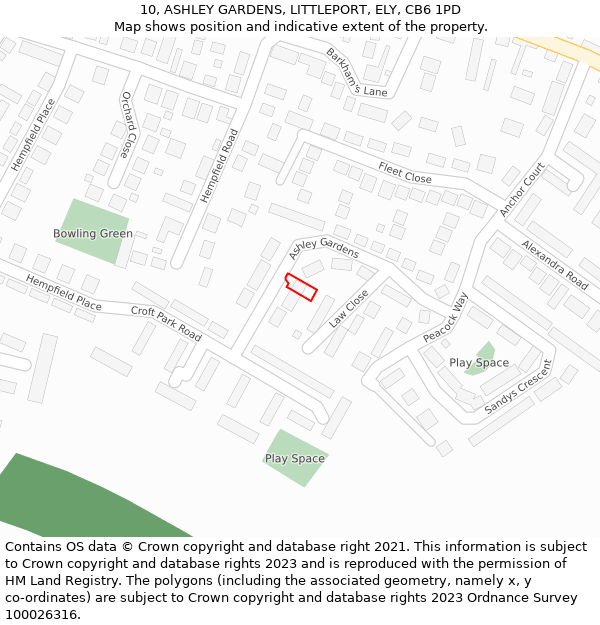 10, ASHLEY GARDENS, LITTLEPORT, ELY, CB6 1PD: Location map and indicative extent of plot